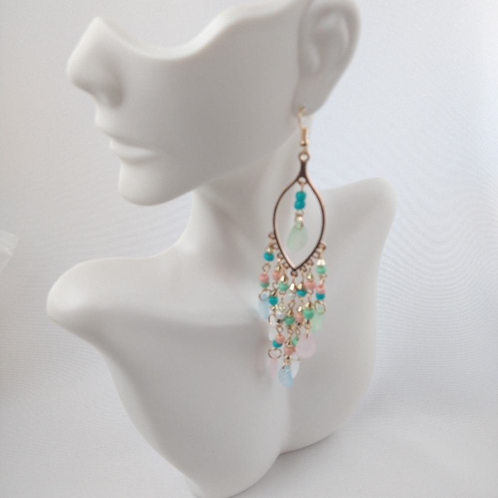 NEW Long Beaded Drop Dangle Gold Plated Earrings - Picture 2 of 2